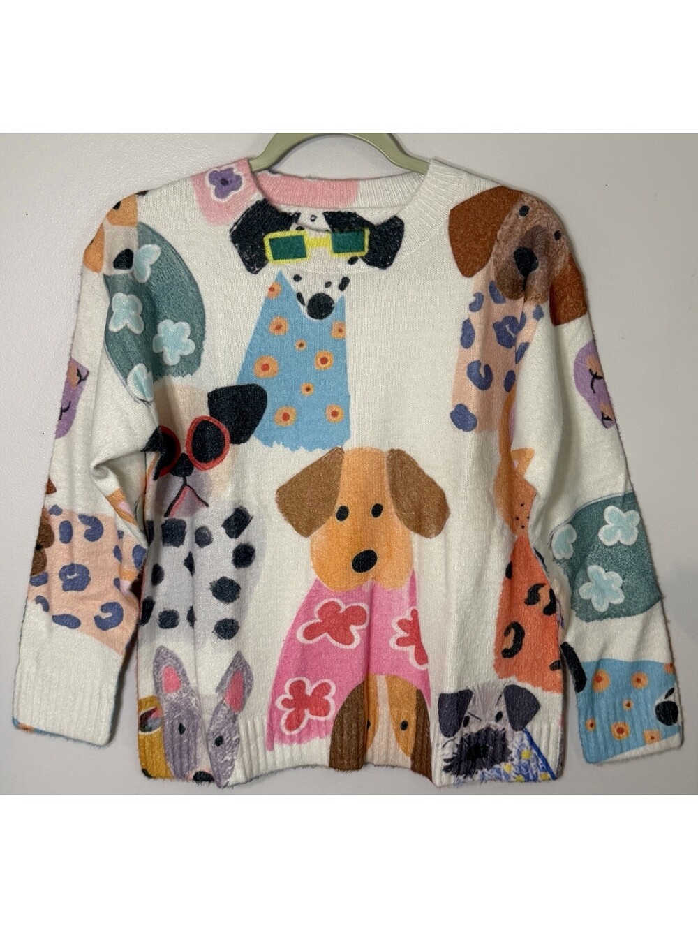 Novelty Dog Print Sweater XS Cartoon Puppy Pattern Super Soft White EUC